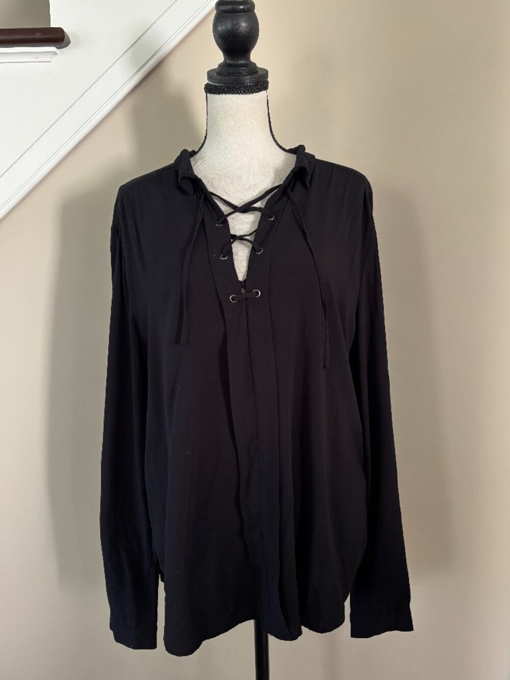 Saks Fifth Avenue Black Lace-Up Blouse Size L Like New
